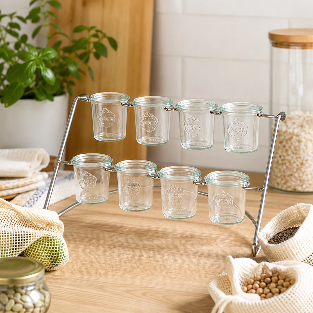 Servírovací stojan Flato8 na 8 pohárů WECK Serviergestell Flato8 mit leeren WECK Sturzgläsern in natürlicher Küchenumgebung mit Bio-Produkten und Nachhaltigkeit