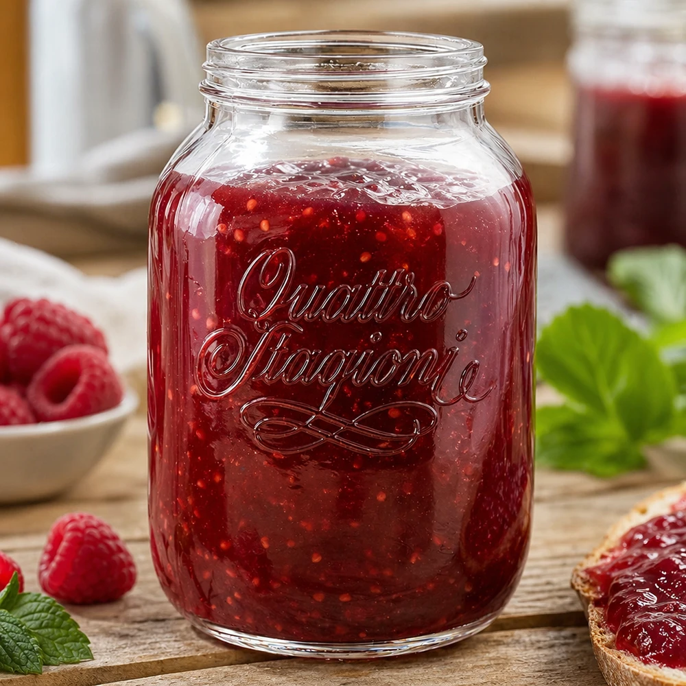 3000ml Quattro Stagioni Haushaltsglas gefüllt mit roter Marmelade neben frischen Erdbeeren auf Holztisch