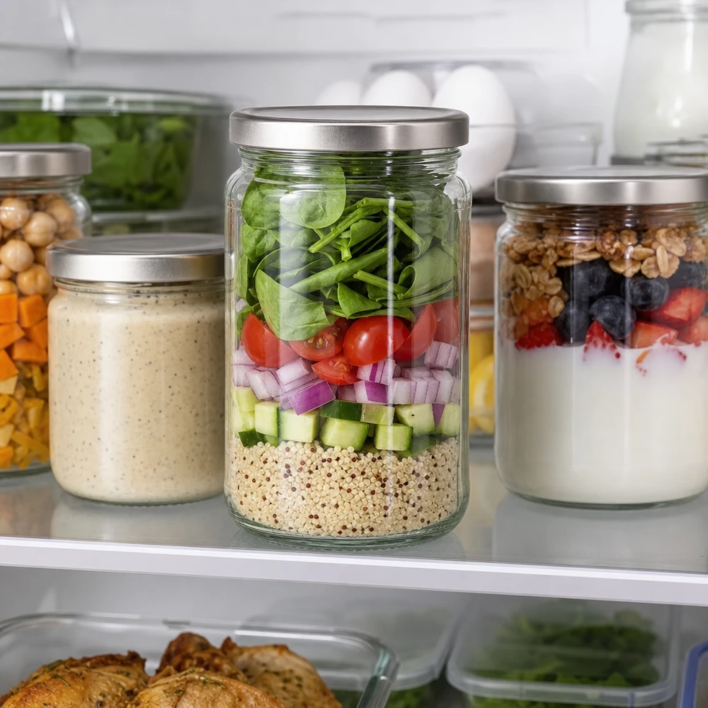 305ml kulatá skleněná nádoba s víčkem BasicSeal stříbrná UNiTWIST. 305ml Rundglas mit BasicSeal Deckel als Meal Prep Behälter für Salat im Kühlschrank mit Schichtsystem