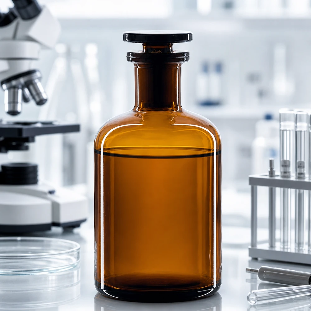 Láhev s kulatým ramenem 100ml hnědá s úzkým hrdlem skleněná zátka Dunkle Vorratsflasche 100ml Rundschulter Enghals mit Glasstopfen für Laborchemikalien