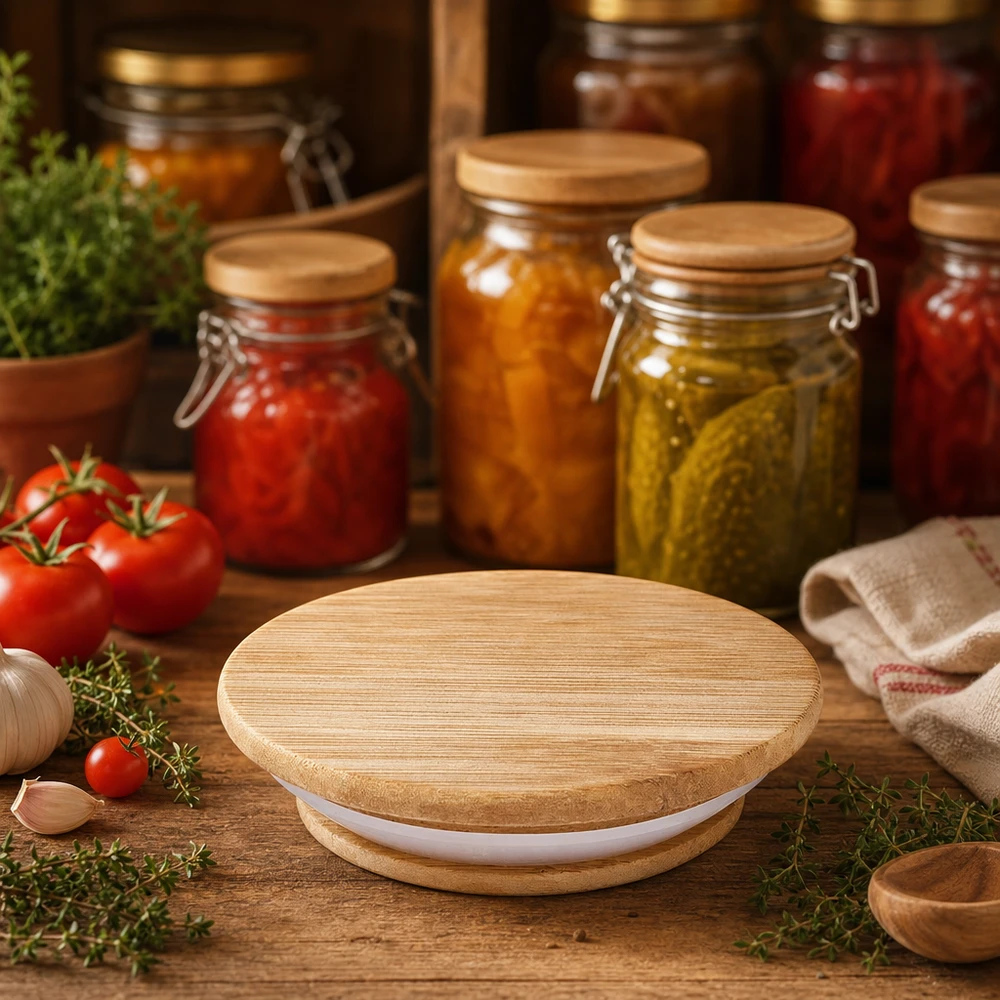 Holzdeckel WECK RR80 in rustikaler Küche mit Einmachgläsern Tomaten Gurken und frischen Kräutern Lifestyle-Szene
