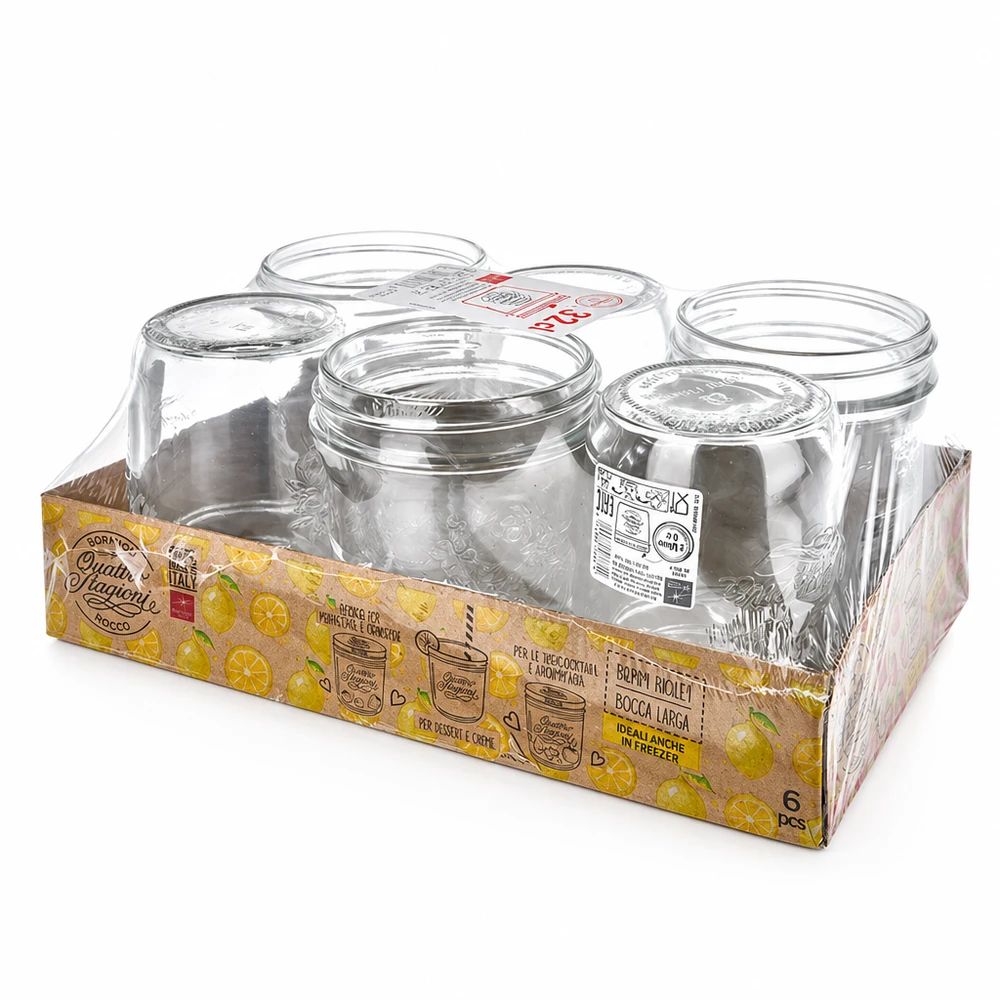 Nádobky o objemu 320 ml "Quattro Stagioni" QS86mm 6er Set Quattro Stagioni Sturzgläser 320ml mit Schraubdeckel in Verkaufsverpackung für Einmachen und Konservieren