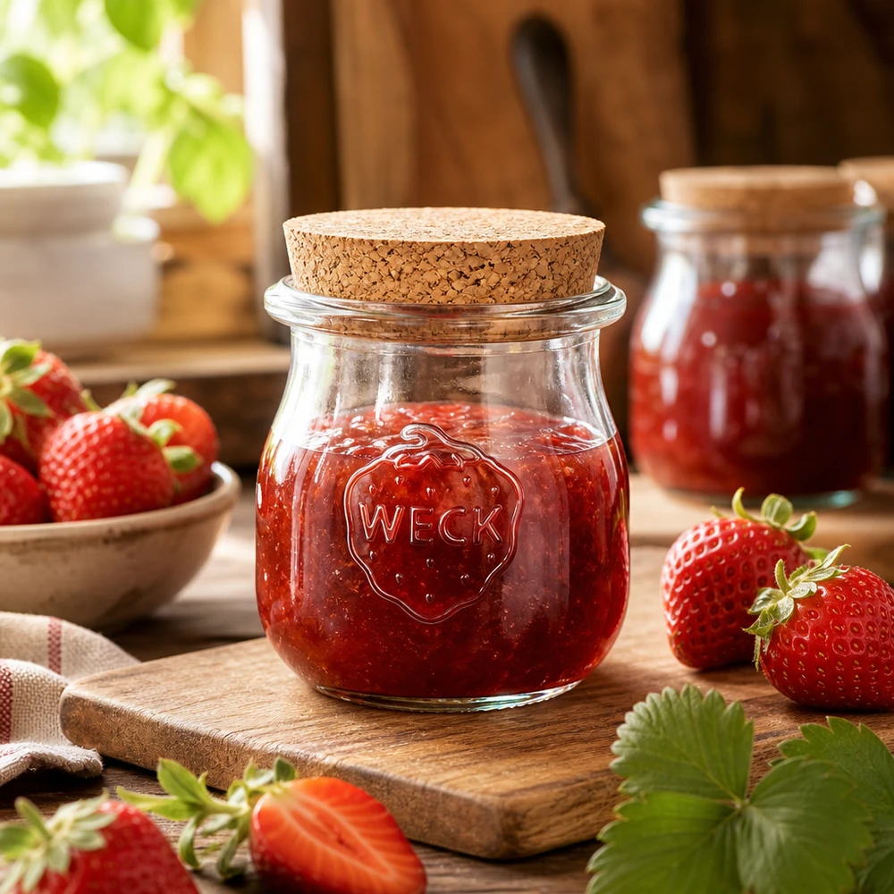 75ml tulipánová sklenice WECK RR40 s korkem přírodní WECK Tulpenglas 75ml mit Korken gefüllt mit Erdbeermarmelade auf Holzbrett umgeben von frischen Erdbeeren Küchenszenerie