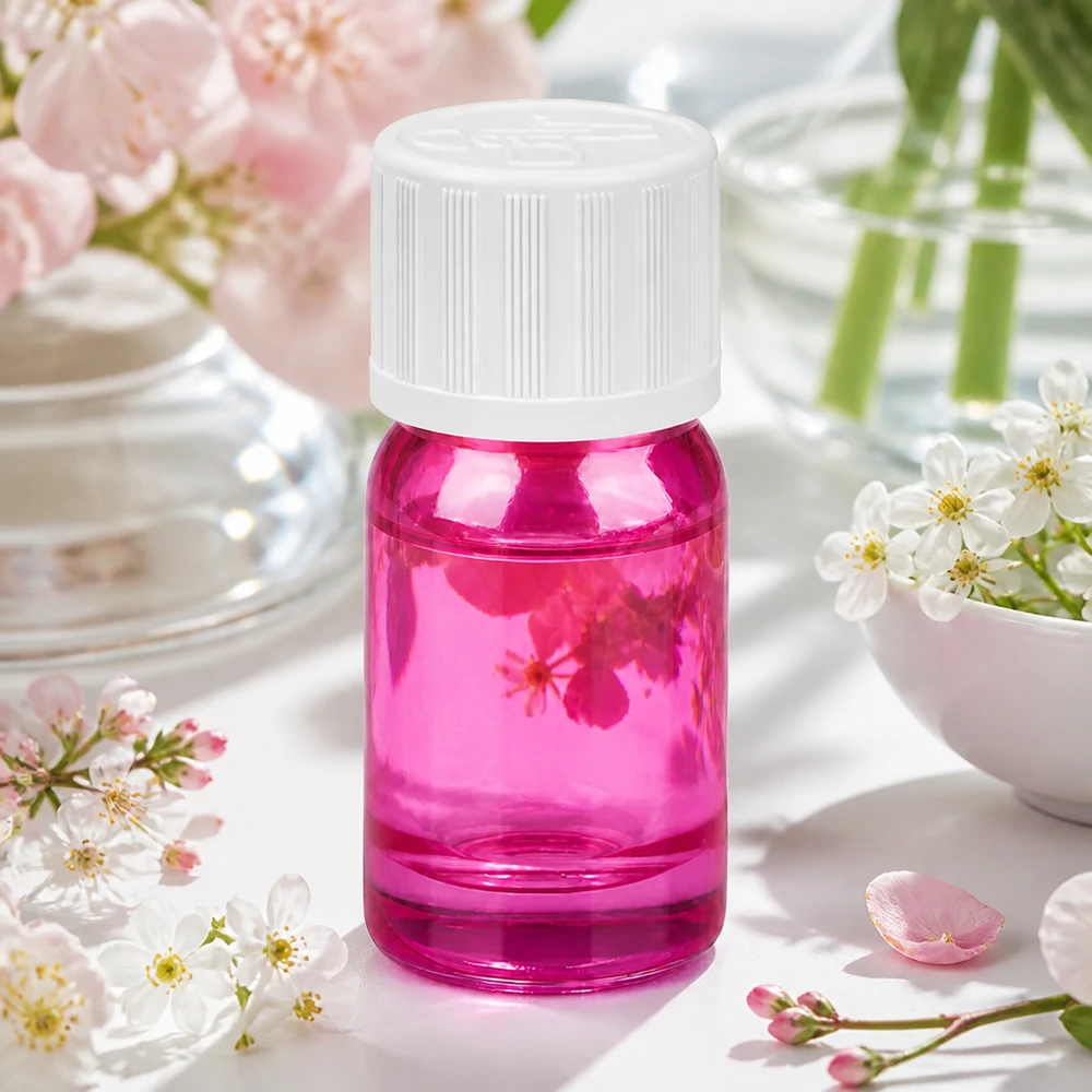 Transparente violette Glasflasche 5ml mit gerilltem Verschluss für optimale Haltbarkeit von Pflegeprodukten