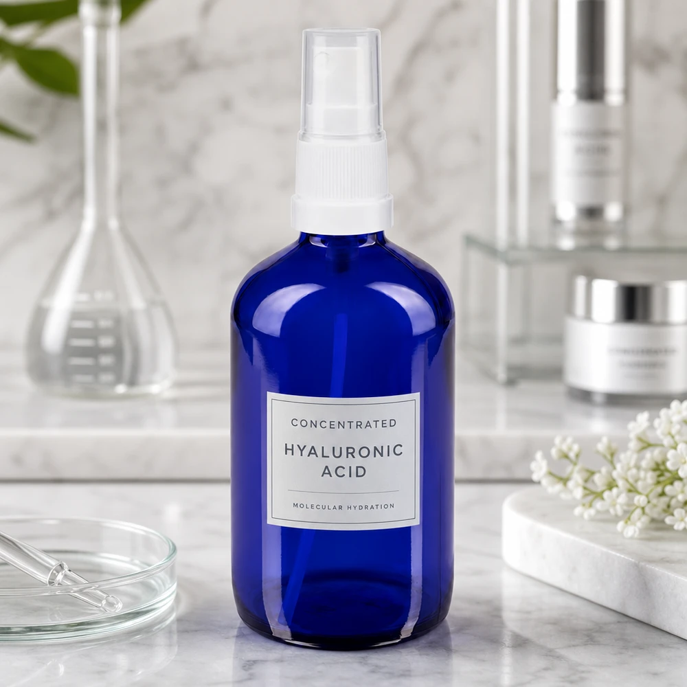 Runde blaue Apothekerglasflasche 100ml Standardform mit weißem Zerstäuberkopf für Naturprodukte