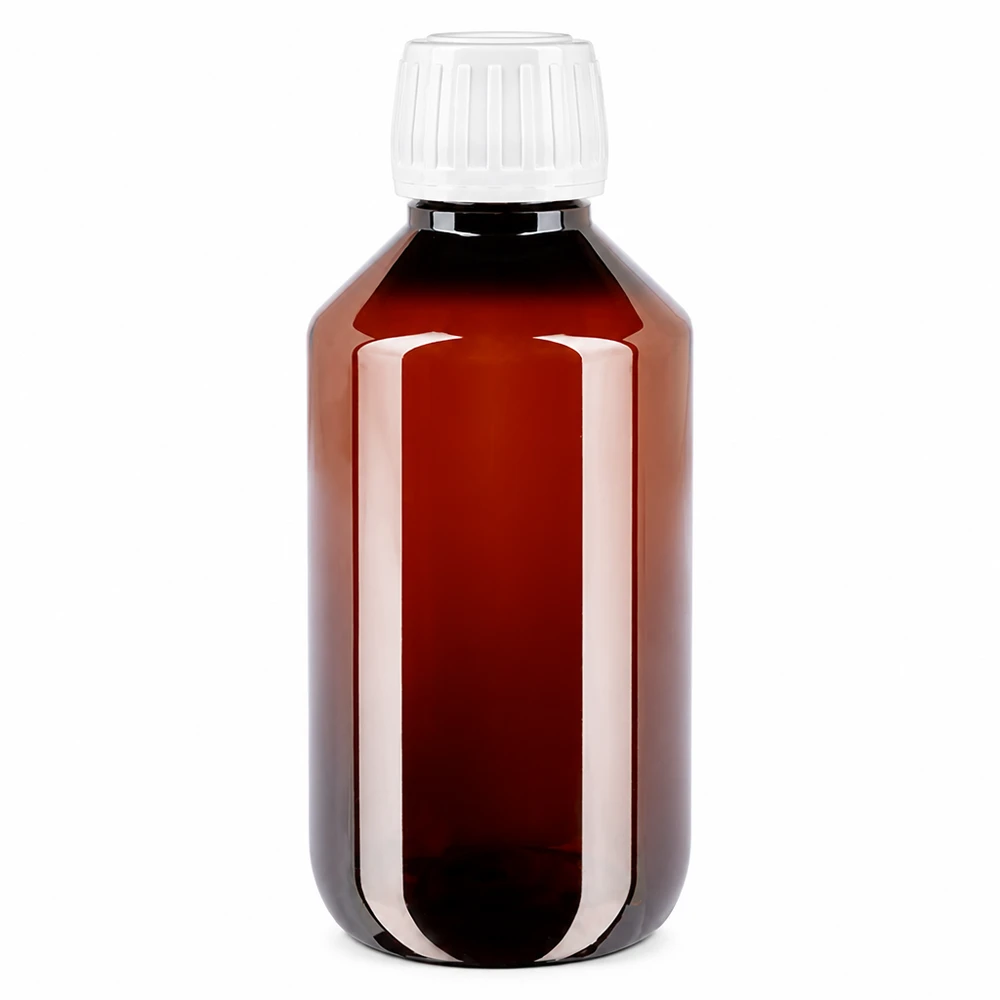 PET láhev 200ml se standardním bílým uzávěrem s pojistkou proti manipulaci Hnědá PET láhev o objemu 200 ml s bílým bezpečnostním uzávěrem pro farmaceutický průmysl a laboratoře