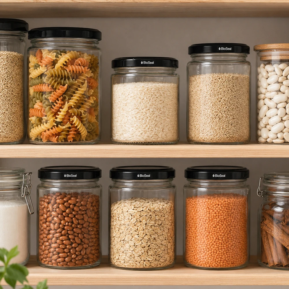 UniTWIST Runda330 Vorratsgläser mit schwarzen BioSeal Deckeln in organisierter Pantry mit Pasta Reis Bohnen Linsen