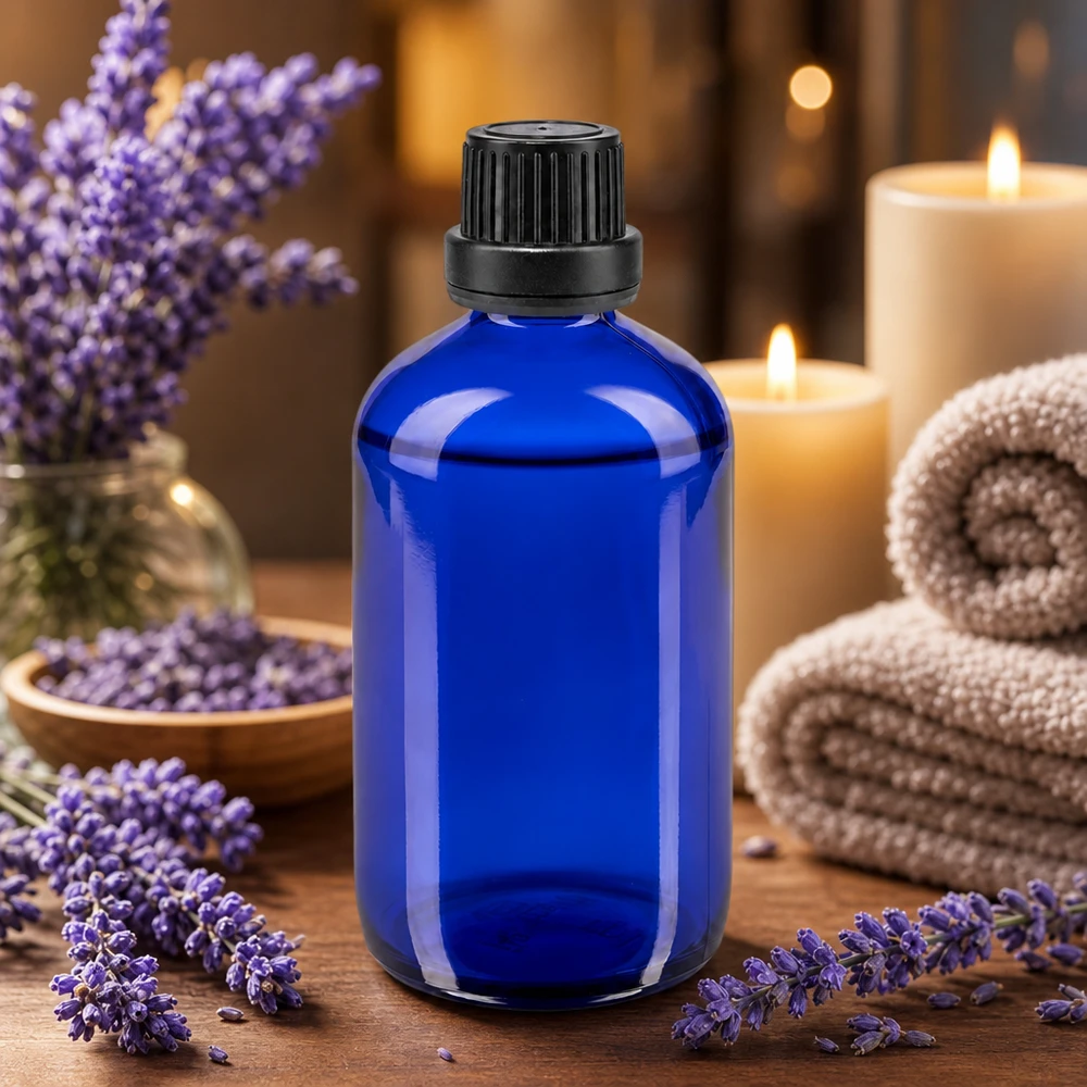 Lékárenská láhev modrá 100ml šroubovací uzávěr černý tamper evident uzávěr. Dunkelblaue 100ml Apoglas Flasche mit Originalitätsband schwarz für Naturkosmetik