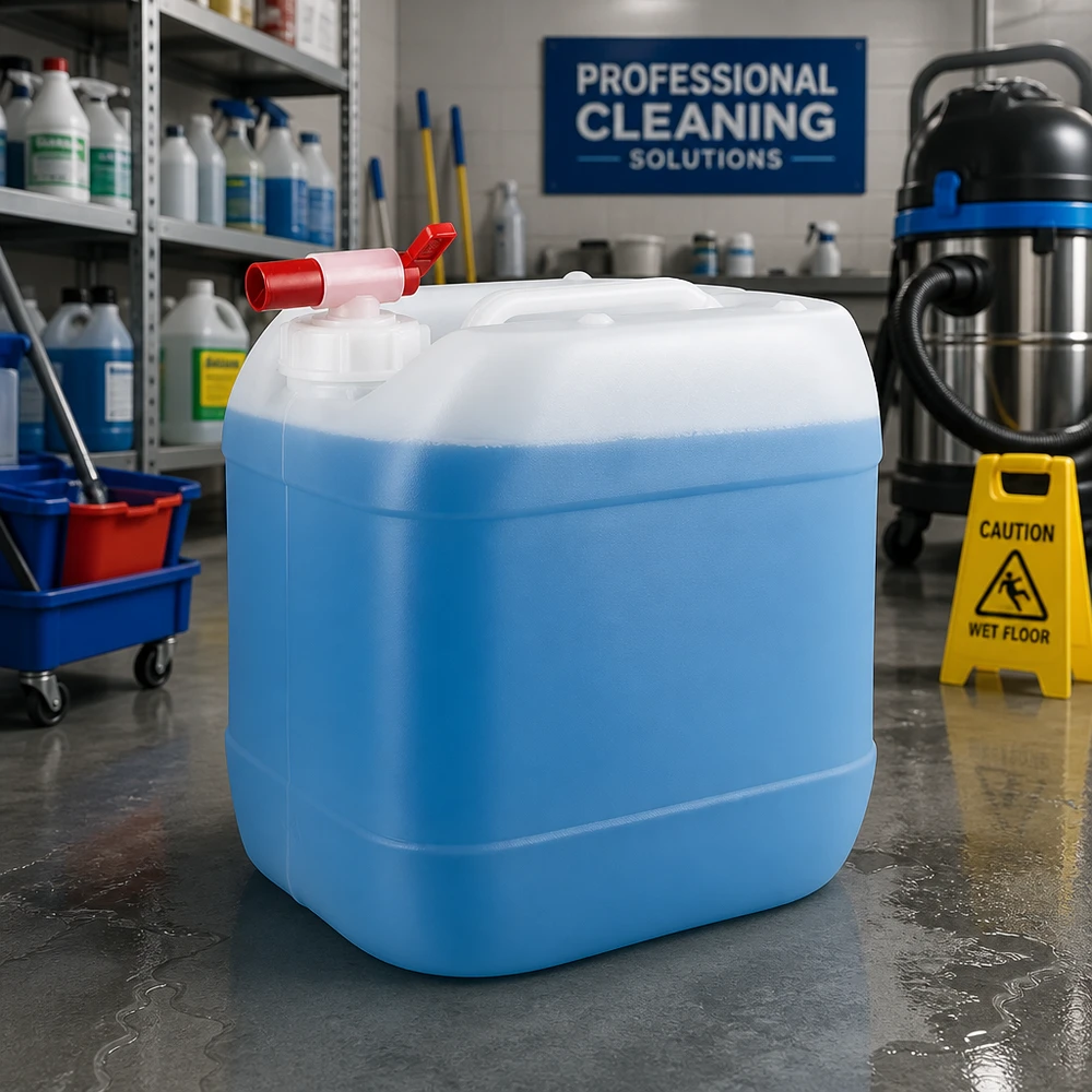 Kanystr 15 litrů s vypouštěcím kohoutkem Transluzenter Vorratskanister 15 Liter mit Füllstandsanzeige und rotem Hahn für Reinigungsmittel