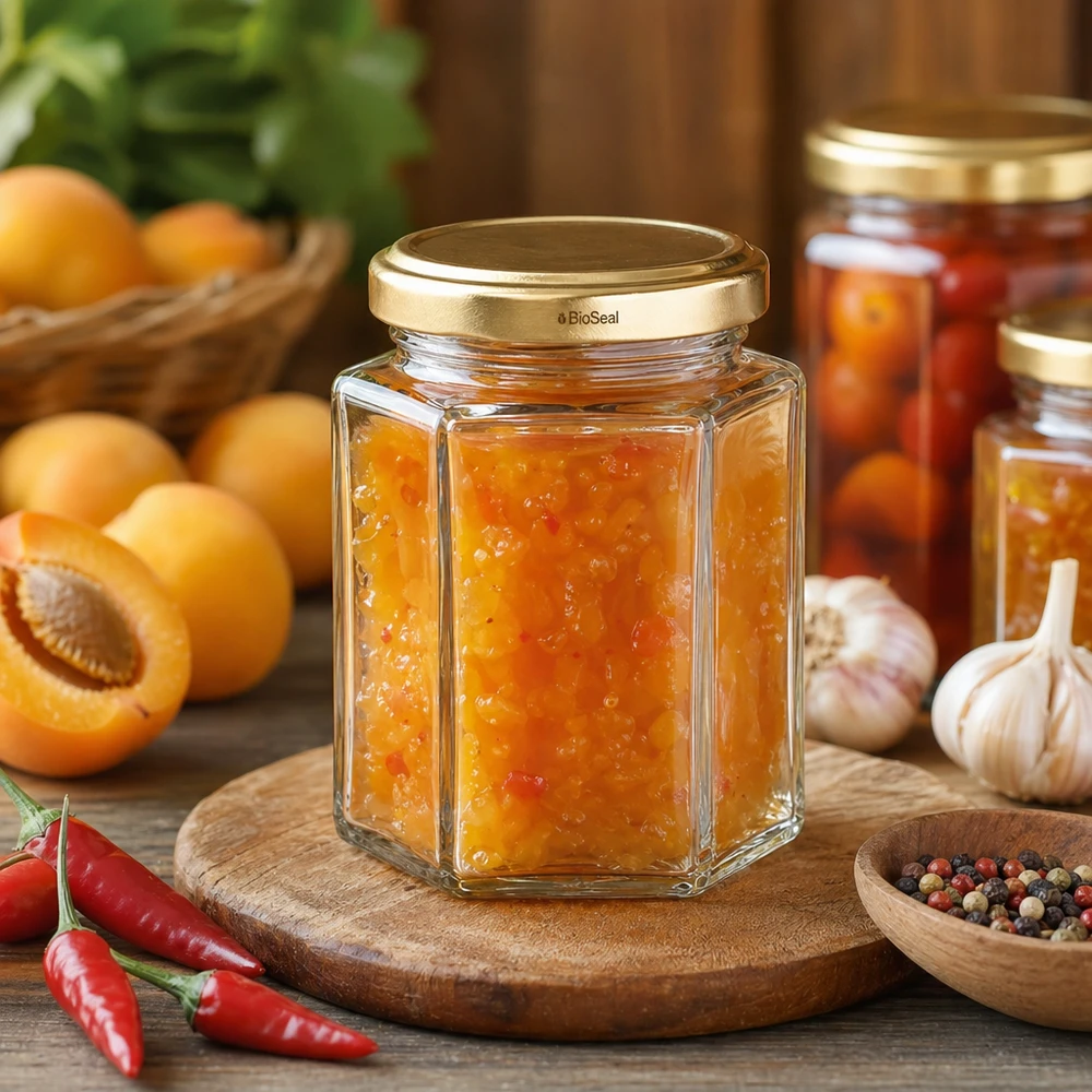 UNiTWIST Hexa196 Marmeladenglas mit goldenem TO58 BioSeal Deckel gefüllt mit Aprikosenkonfitüre neben Chili und Aprikose