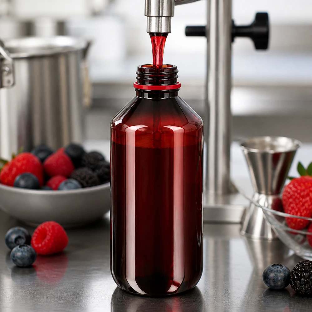 PET láhev 200ml s bílým/červeným uzávěrem s ochranou proti manipulaci. Plnění 200ml PET láhve červeným ovocným džusem v profesionální kuchyni s použitím bobulového ovoce