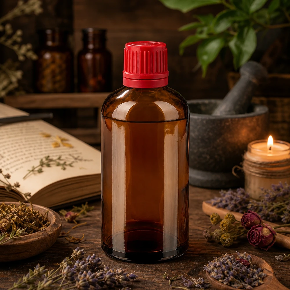 100ml lahvička 11mm šroubovací uzávěr červený tamper evidentní uzávěr BrownLine UT18/100 Kompakte Braunglasflasche 100ml mit rotem Verschluss - ideal für Naturheilkunde und Aromatherapie