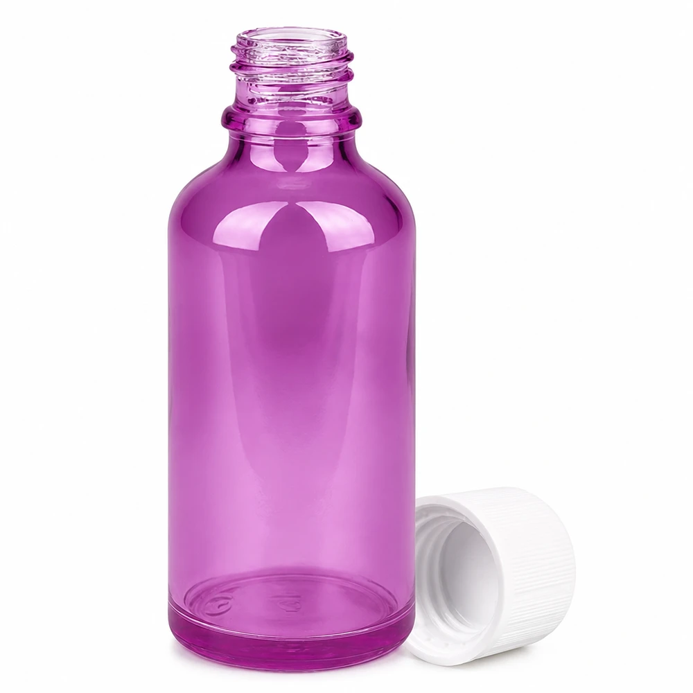 50ml láhev PurpleLine UT18/50 se šroubovacím uzávěrem 11mm bílá standardní odolná proti otevření dětmi. Hochwertige 50ml Violettglas-Flasche mit kindersicherem Drehverschluss für UV-Schutz