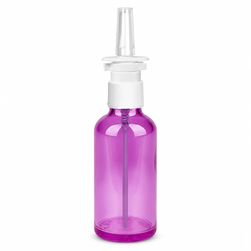 50ml lahvička s nosním rozprašovačem PurpleLine bílá/transparentní standardní hlavice. UT18/50 50ml Nasenspray Behälter in Violett für medizinische Lösungen mit dosiertem Sprühventil