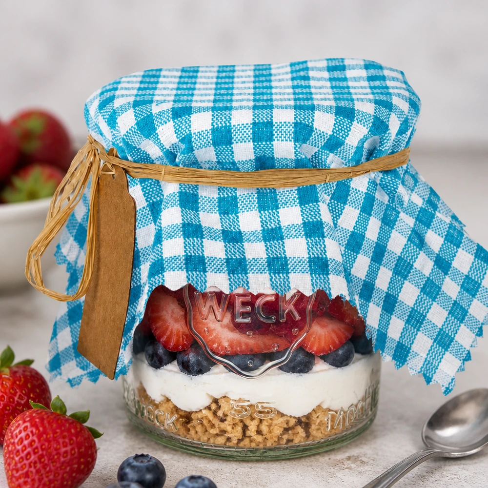 Látkový dekorační ubrousek tyrkysový kostkovaný čtverec 15 cm Türkis-kariertes Stoff Schmuckdeckchen auf Dessertglas mit Beeren-Schichtdessert und Raffiabast-Verschluss dekoriert