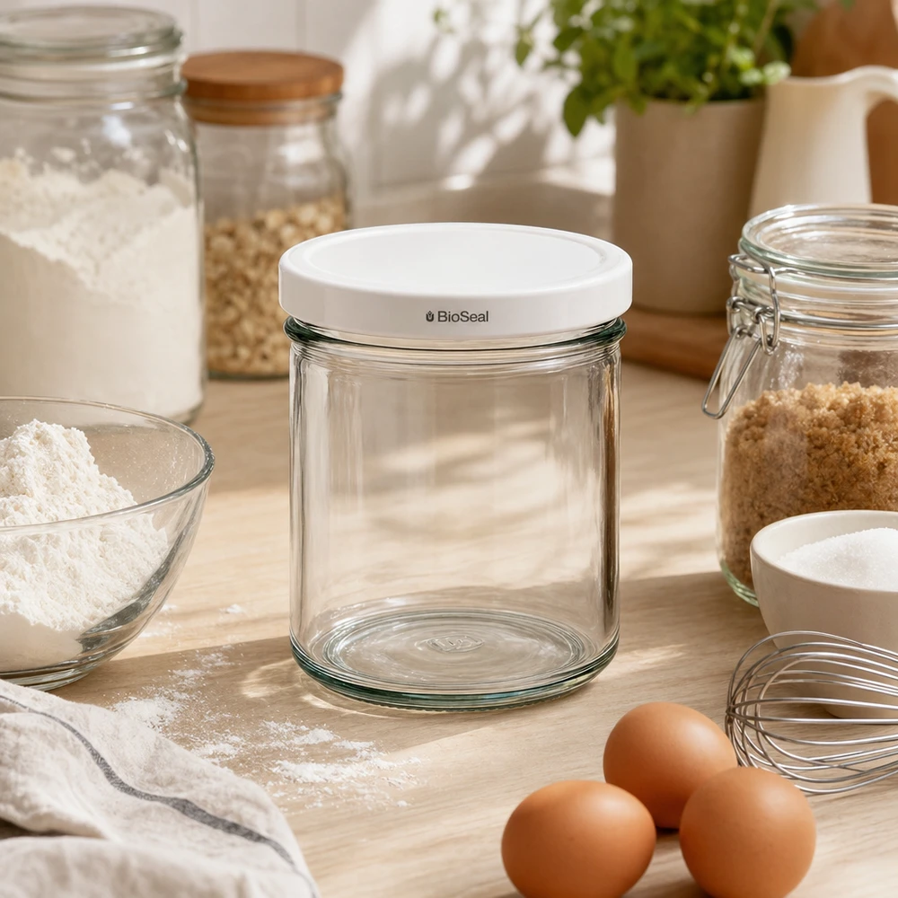 Tumbler o objemu 167 ml s bílým víčkem BioSeal UNiTWIST UNiTWIST 167ml Sturz-Glas leer Küchenszene Backzutaten Eier Mehl weißer TO66 BioSeal Deckel Lebensmittelaufbewahrung