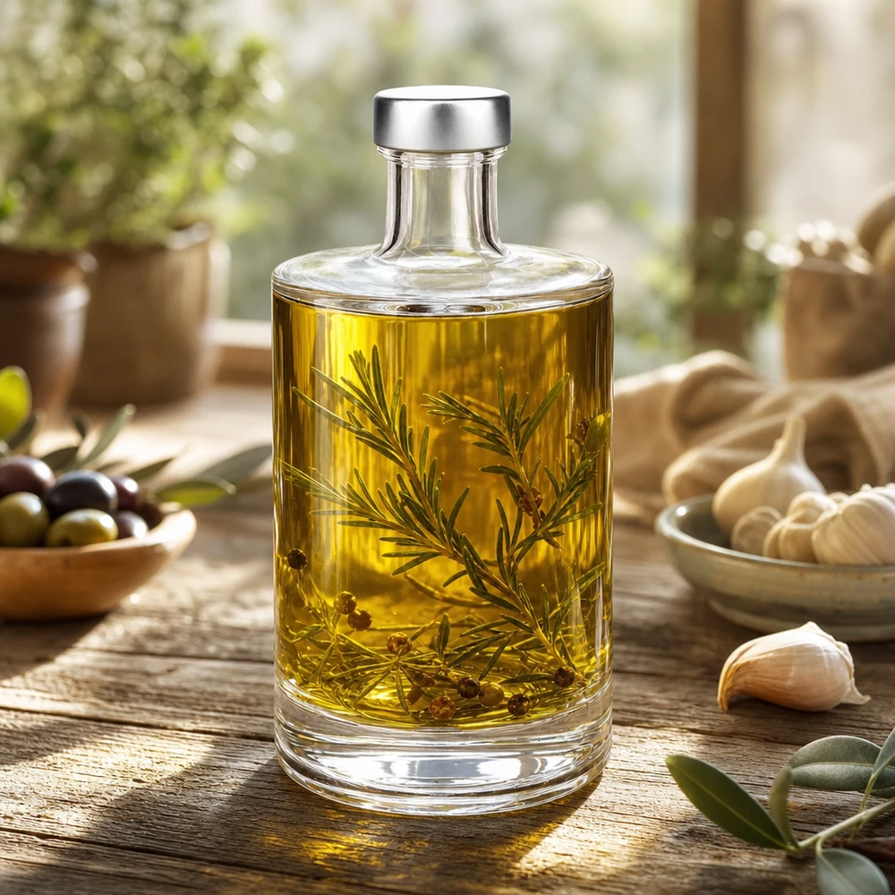 500ml Glasflasche Sam mit Kräuteröl befüllt neben Oliven und Knoblauch mediterrane Küchendekoration