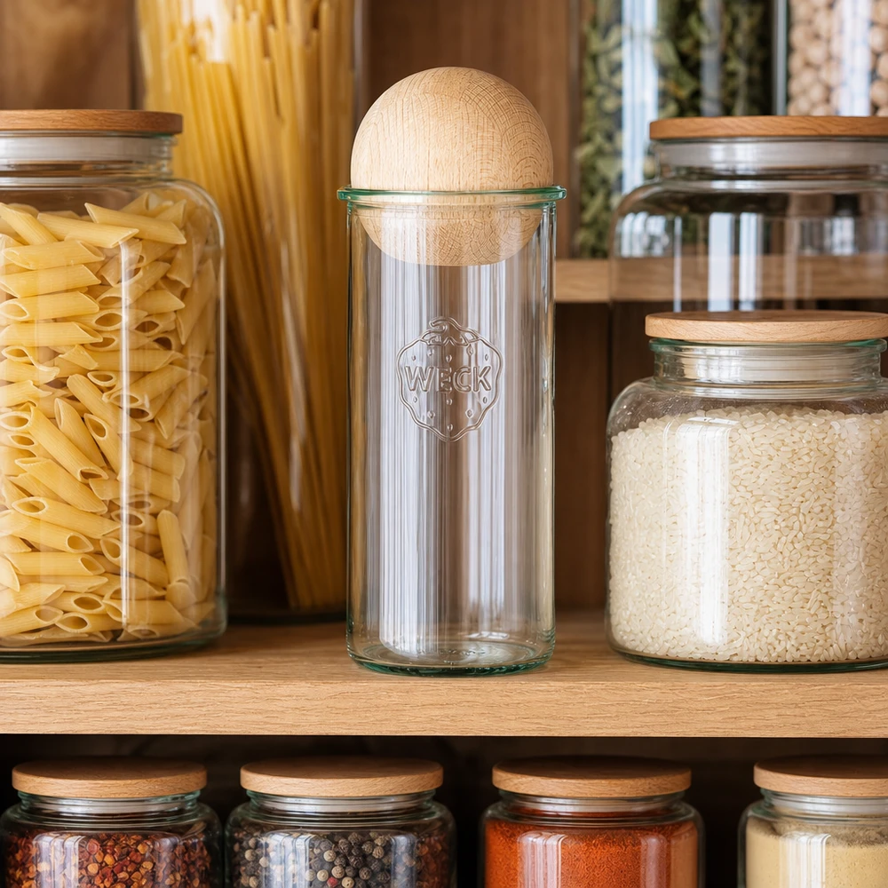 WECK RR100 Sturzglas 1500ml in Pantry-Umgebung neben Pasta und Reis, Holzkugel-Deckel aus Buche sichtbar
