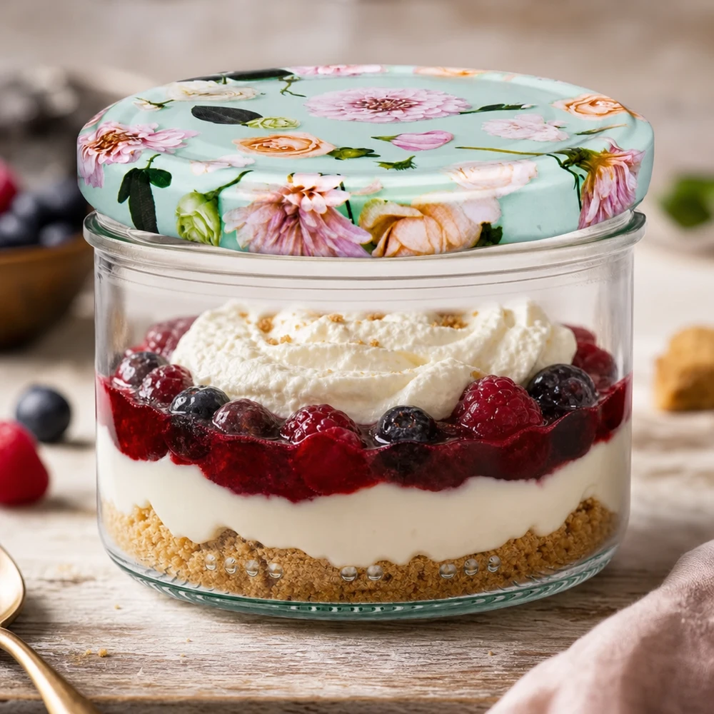230ml válcová sklenice + víčko BasicSeal flower mint 230ml Zylinderglas mit BasicSeal Deckel Blume mint für Desserts - Schichtdessert mit Beeren und Sahne im Vorratsglas