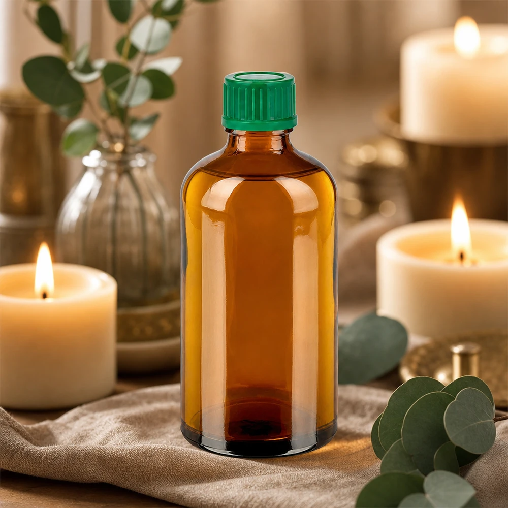 Universelle 100ml Glasflasche in Bernstein mit umweltfreundlichem grünen Schraubdeckel