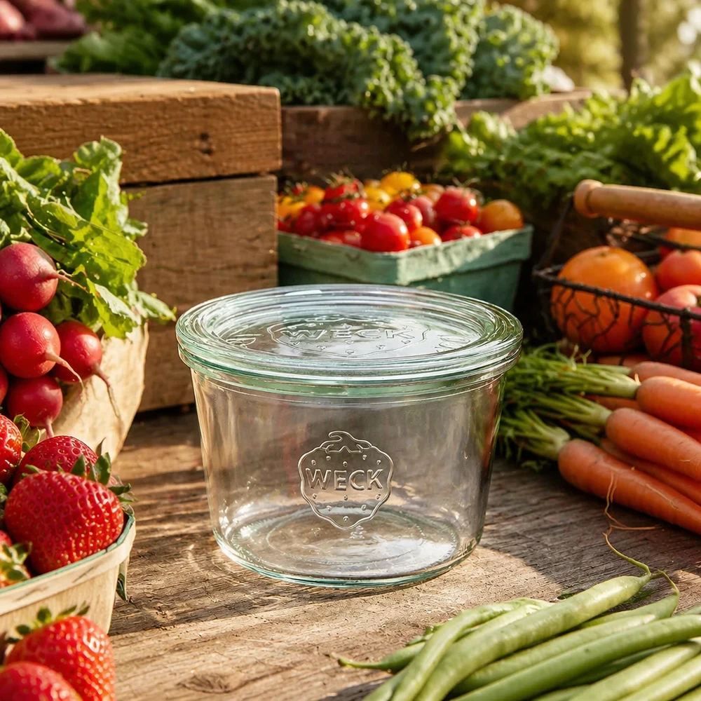 Zavařovací sklenice 370ml se skleněným víčkem WECK RR100 WECK Sturzglas 370ml RR100 umgeben von frischem Gemüse und Obst auf Holztisch als Lifestyle-Aufnahme