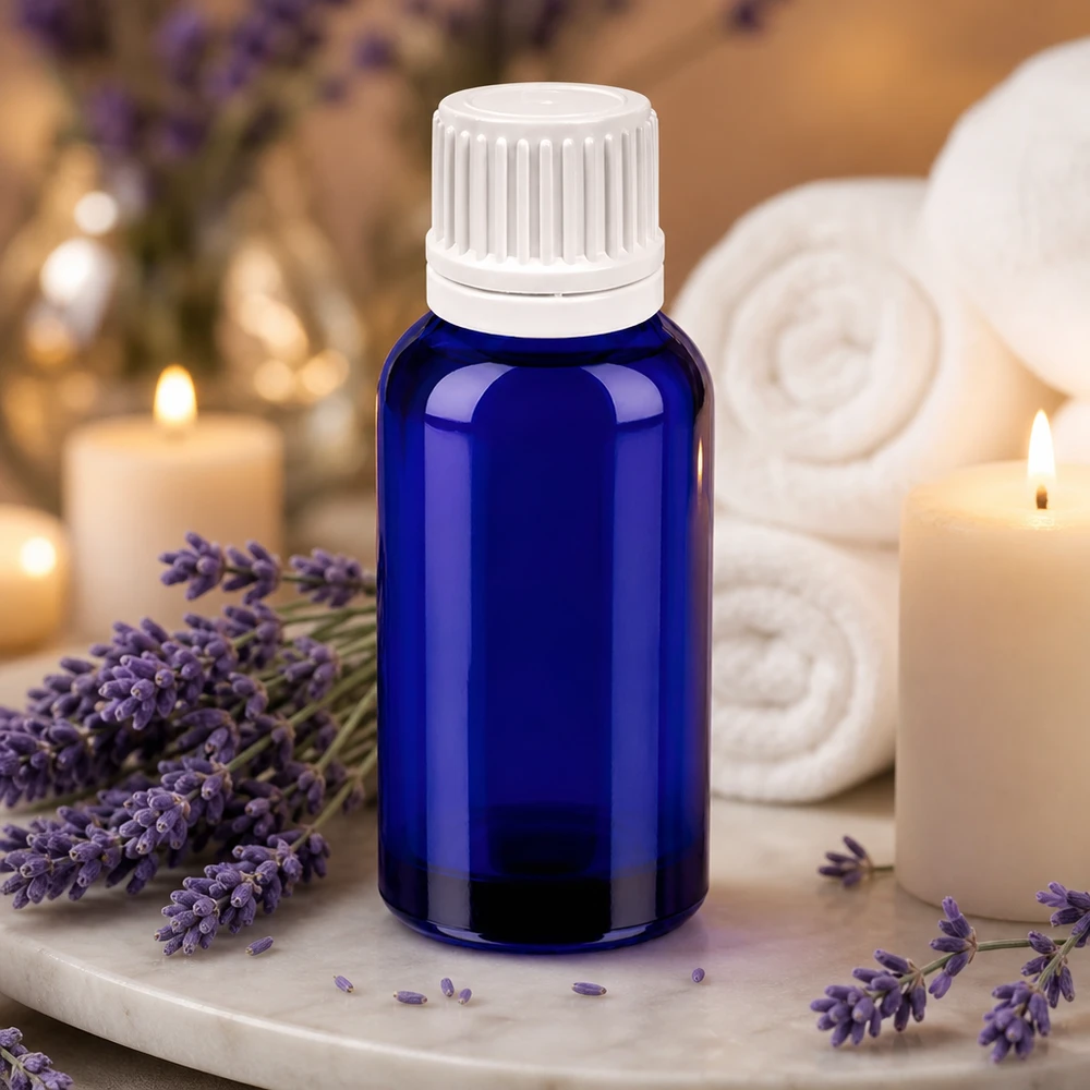 30ml lahvička s kapátkem 0,7 mm bílá s uzávěrem s možností manipulace BlueLine UT18/30 Vielseitige blaue 30ml Glasflasche mit weißem Tropfer für Kosmetik und Wellness-Anwendungen