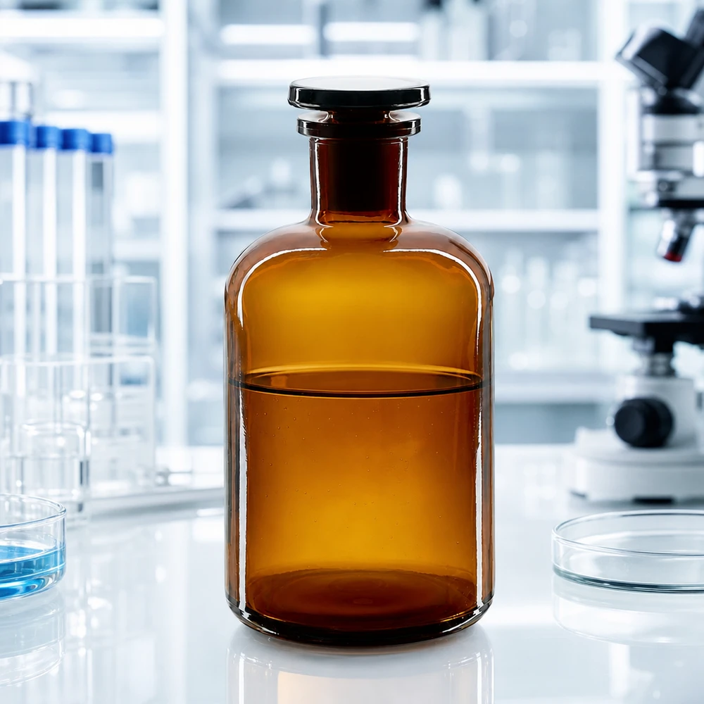 Láhev s kulatým ramenem 500ml hnědá úzké hrdlo skleněná zátka Chemikalienflasche Enghals 500ml braun Rundschulter schlanke Form für Laborregale