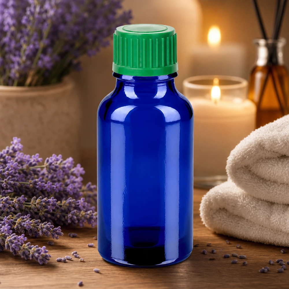 20ml lahvička s kapátkem 0,8 mm zelená standardní uzávěr BlueLine UT18/20 Kompakte 20ml blaue Glasflasche mit grünem Tropfer für mobile Anwendung und Reiseapotheke