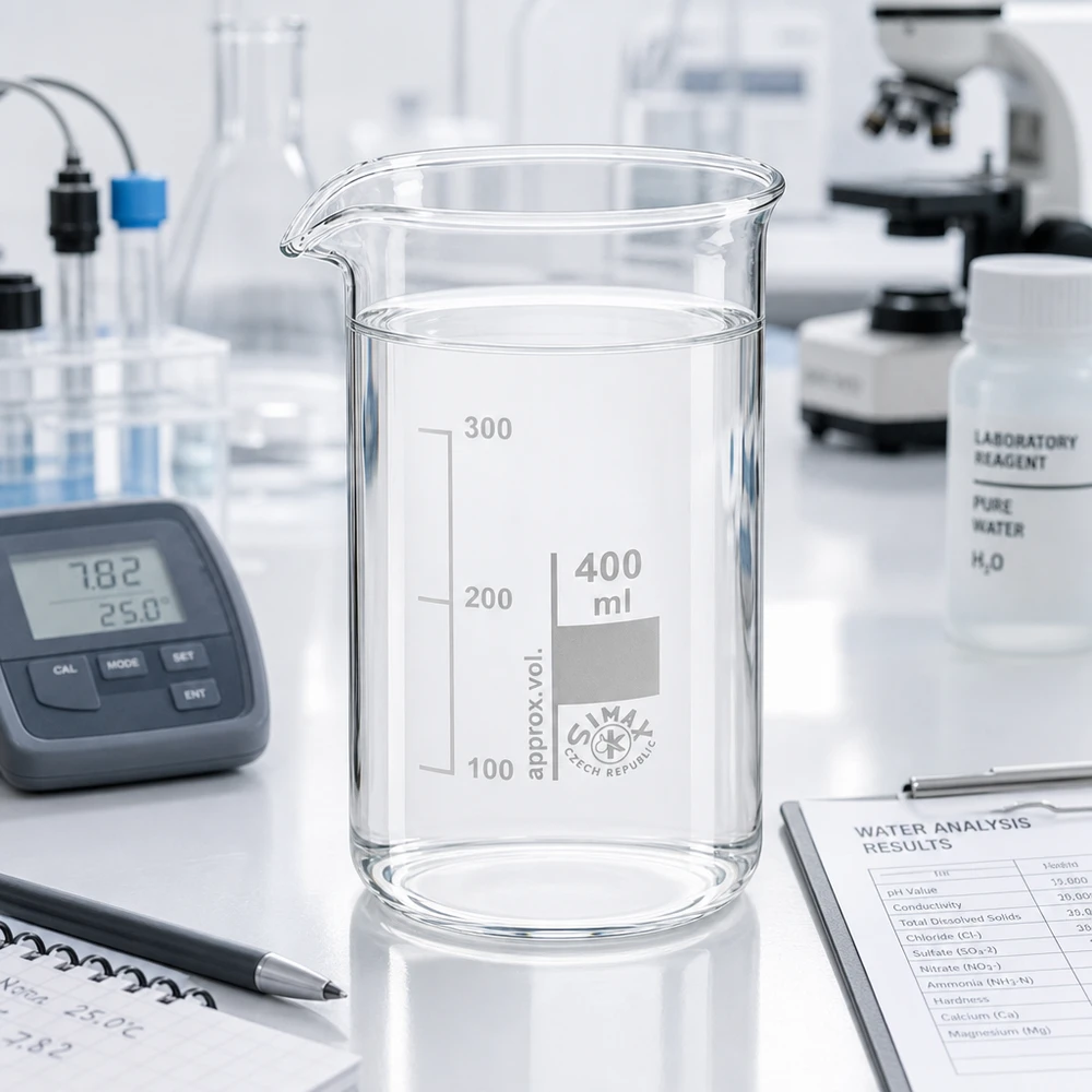 Kádinka 400ml borosilikátové sklo, vysoký tvar Becherglas 400ml hohe Form mit Reagenzgläsern und Mikroskop im professionellen Labor