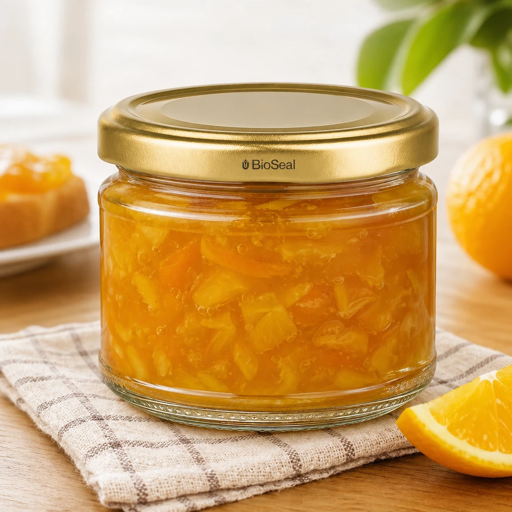 UniTWIST Runda330 Marmeladenglas mit goldenem TO82 BioSeal Deckel gefüllt mit Orangenmarmelade auf Holztisch