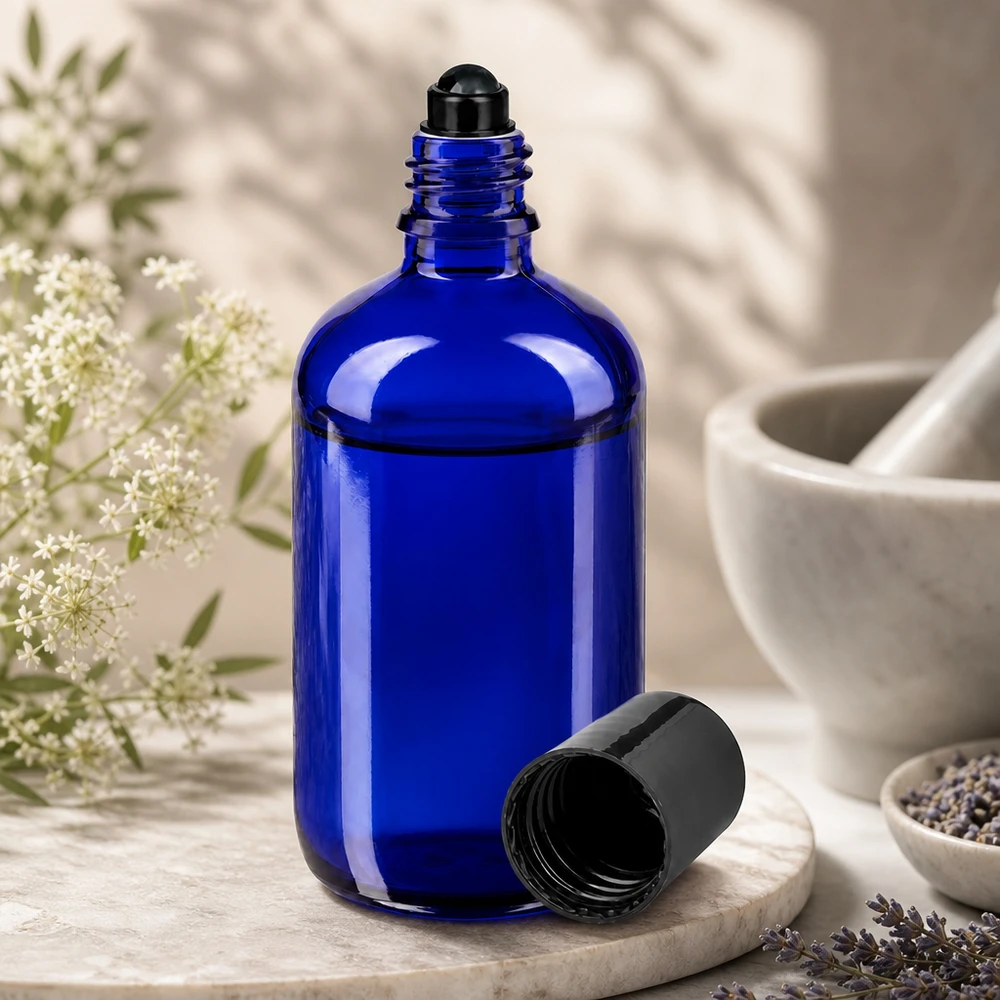 Lékárenská láhev modrá 100ml roll-on uzávěr černý Blaue 100ml Glasflasche mit Rollkugel für Aromatherapie neben Mörser und Kräutern