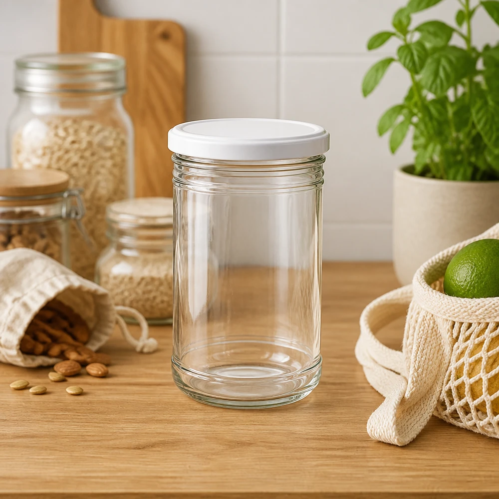 1053ml Sturzglas leer auf Holzarbeitsplatte in moderner Küche mit Netz-Einkaufstasche und Basilikum-Pflanze Lifestyle