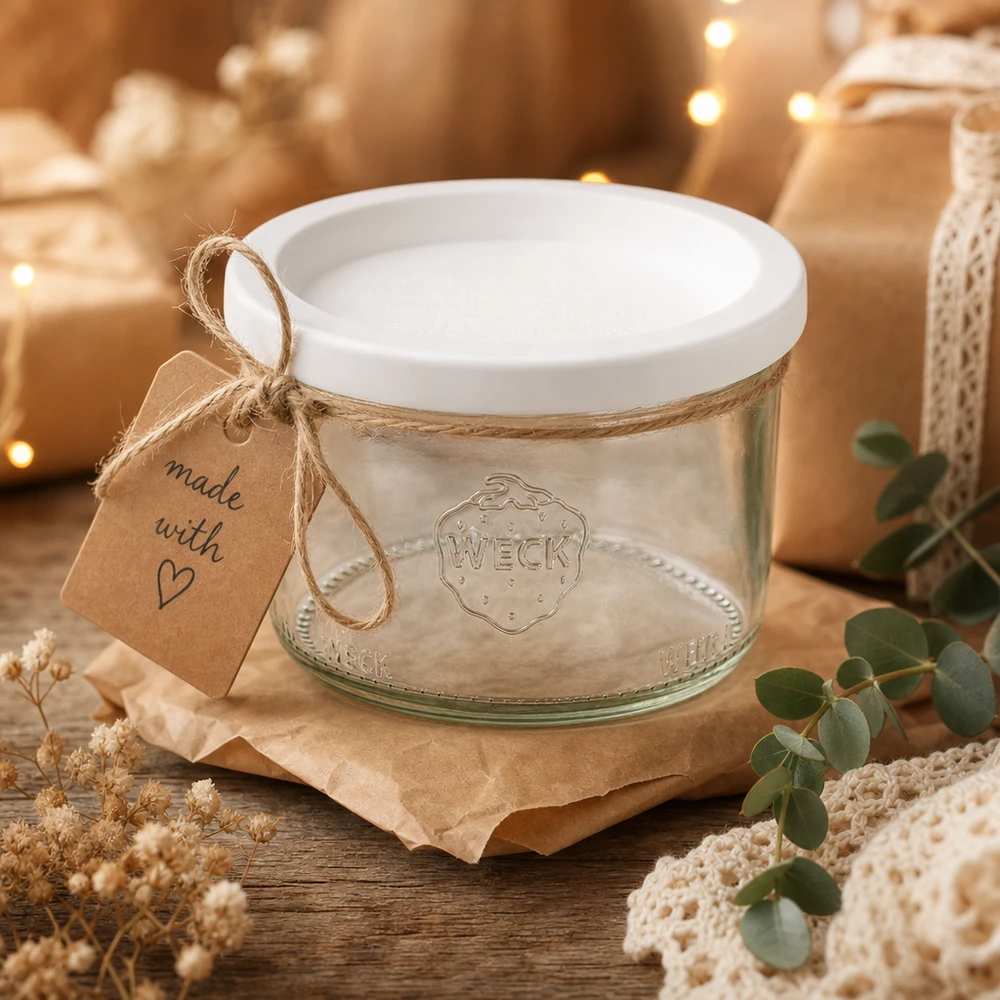 200ml skleněná nádoba s víčkem WECK RR80 WECK Sturzglas 200ml RR80 als Geschenk dekoriert mit Juteschnur und Anhänger Made with Love auf Holztisch