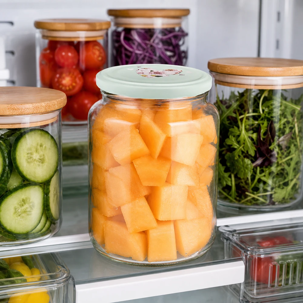 795ml Rundglas mint Herzdeckel in Kühlschrank mit vorbereiteten Melonenstücken neben Vorratsgläsern Meal Prep