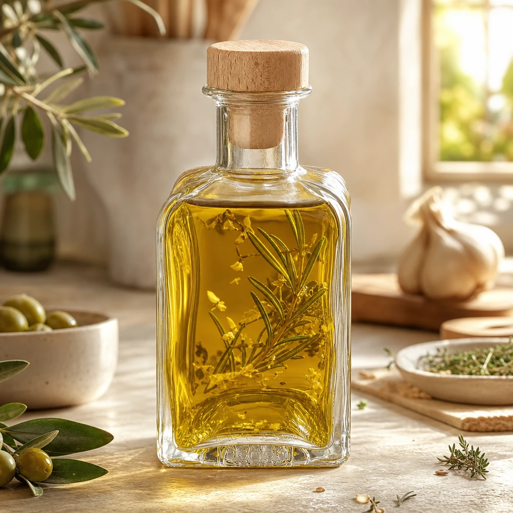 200ml Glasflasche Clara mit Kräuteröl gefüllt Rosmarinzweig Holzkorken Küchendeko mediterrane Gewürzöle