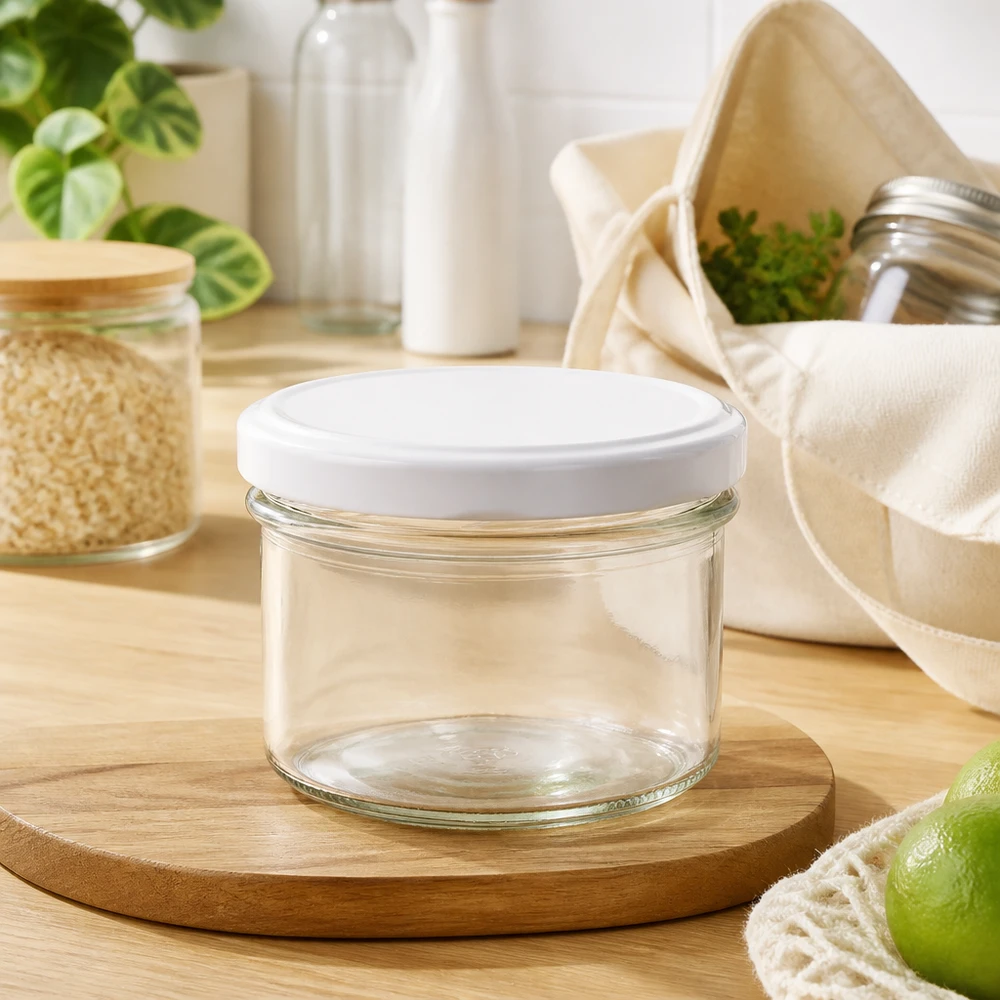 Skleněná sklenice 225ml s víčkem BasicSeal bílá UNiTWIST 225ml Sturzglas mit weißem Deckel auf Holztablett in natürlicher Küchenumgebung mit Vorratsgläsern und Pflanzen