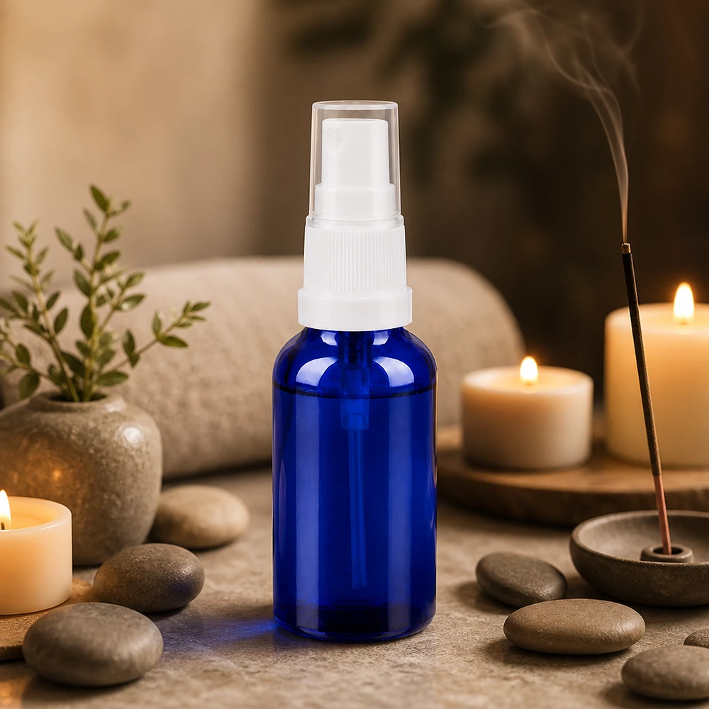 30ml lahvička s rozprašovačem bílá/transparentní standardní uzávěr BlueLine UT18/30 Robuste 30ml Sprayflasche aus getöntem Glas schützt lichtempfindliche Inhaltsstoffe optimal