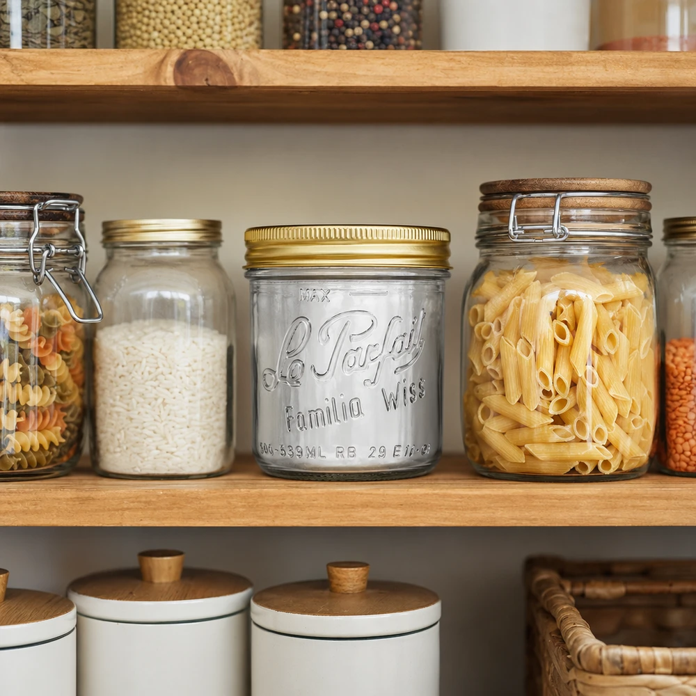 539ml Sturzglas "Familia Wiss" 2-teiliges Deckelsystem Le Pa Sturzglas Familia Wiss 539ml mit goldenem Deckel in organisierter Vorratskammer zwischen Pasta und Reis Gläsern