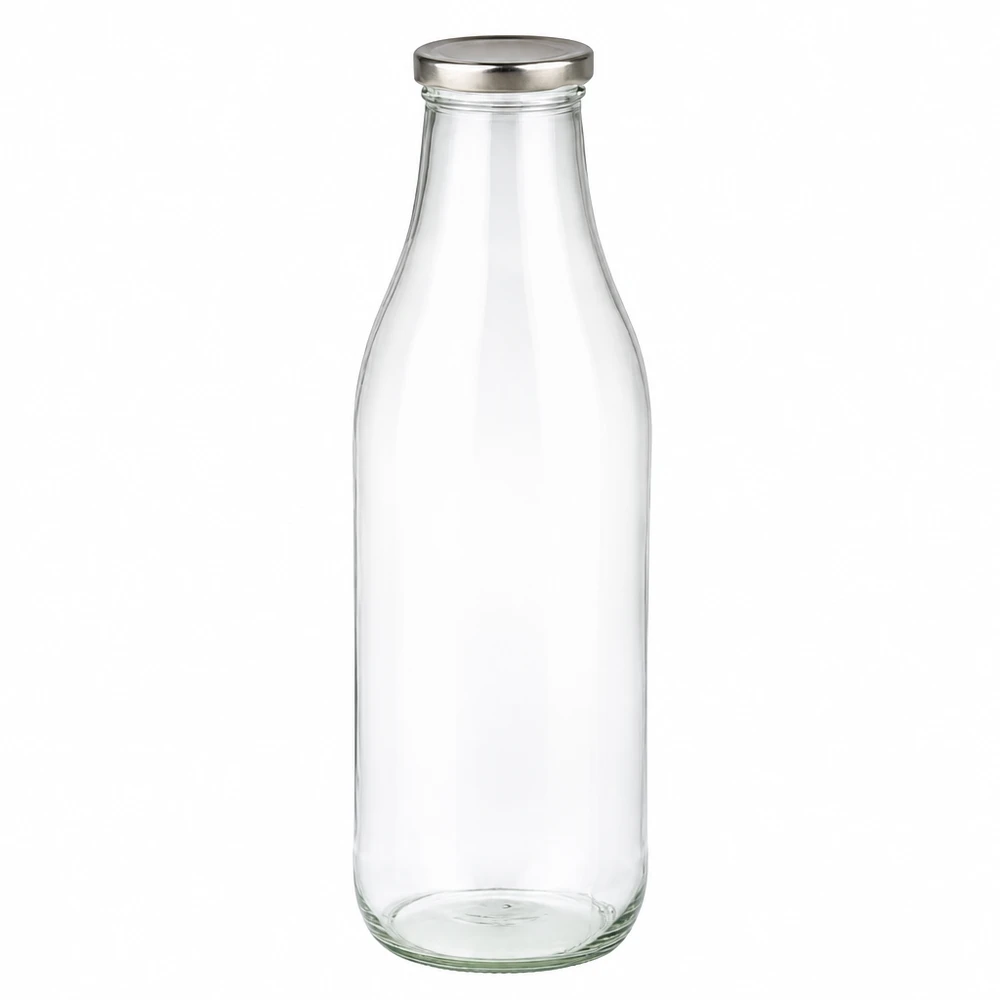 1000ml skleněná láhev + víčko BasicSeal stříbrné UNiTWIST 1000ml Glasflasche mit silbernem BasicSeal Deckel leer und transparent für Getränke und Aufbewahrung