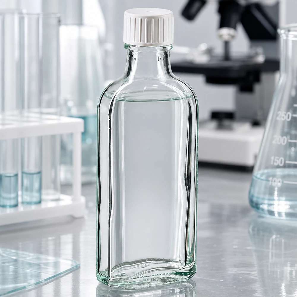 100 ml čirý šroubovací uzávěr Meplat s nalévacím kroužkem. Hochwertige 100ml Klarglasflasche im Meplat-Design mit weißem Dosierverschluss und Gießring