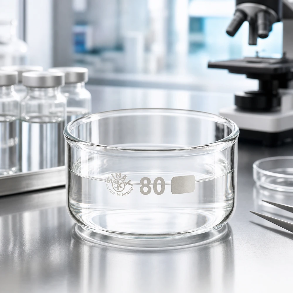 Krystalizační miska 150ml bez výlevky borosilikátová ø80mm Niedrige Glasschale mit verdicktem Boden 150ml ø80mm für Labortrocknungs- und Wiegeprozesse