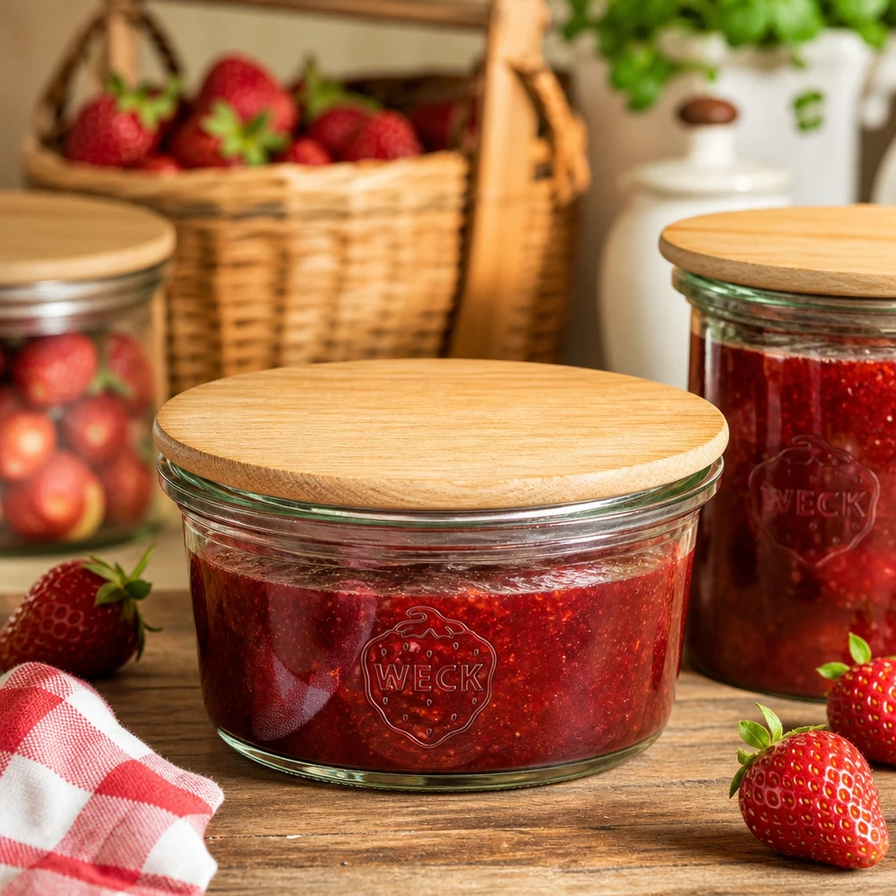WECK Mini Sturzglas 50ml mit Erdbeermarmelade gefüllt und Bambusdeckel in rustikaler Küche mit frischen Erdbeeren