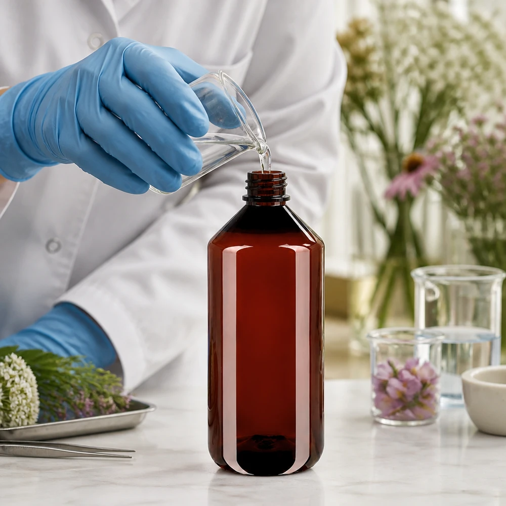 PET láhev 1000ml se zeleným uzávěrem, který je odolný proti manipulaci. Lékárenská láhev o objemu 1000 ml z hnědého PET plastu s originálním zeleným uzávěrem s dětskou pojistkou