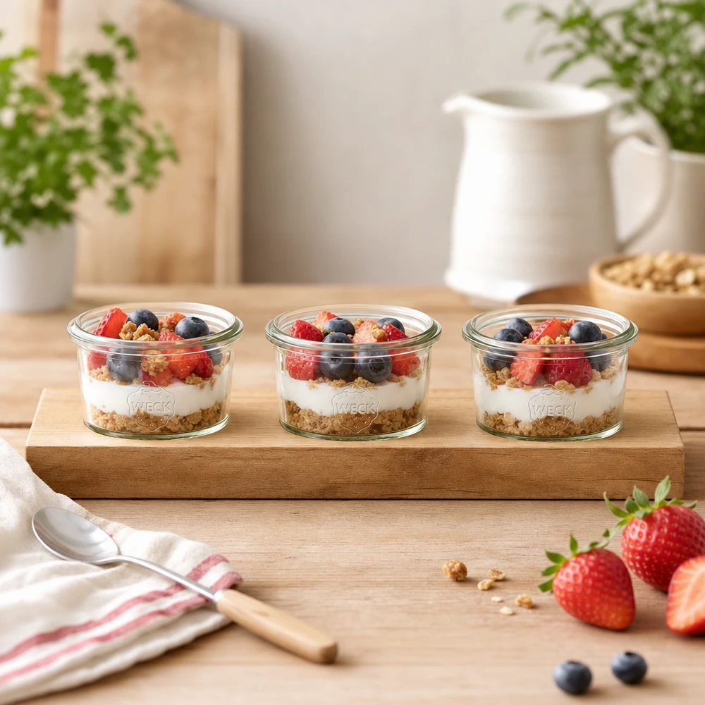 Servírovací prkénko Plano3 se 3 kelímky Weck o objemu 80 ml. Holz-Servierbrett Plano3 mit Weck Sturzgläsern 80ml als Joghurt-Parfait mit Beeren und Granola in heller Küche