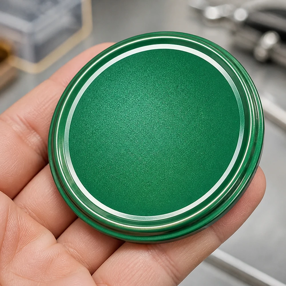 Detailní záběr zeleného kovového víčka 82 mm BasicSeal TO82 UNiTWIST s rýhovanou strukturou