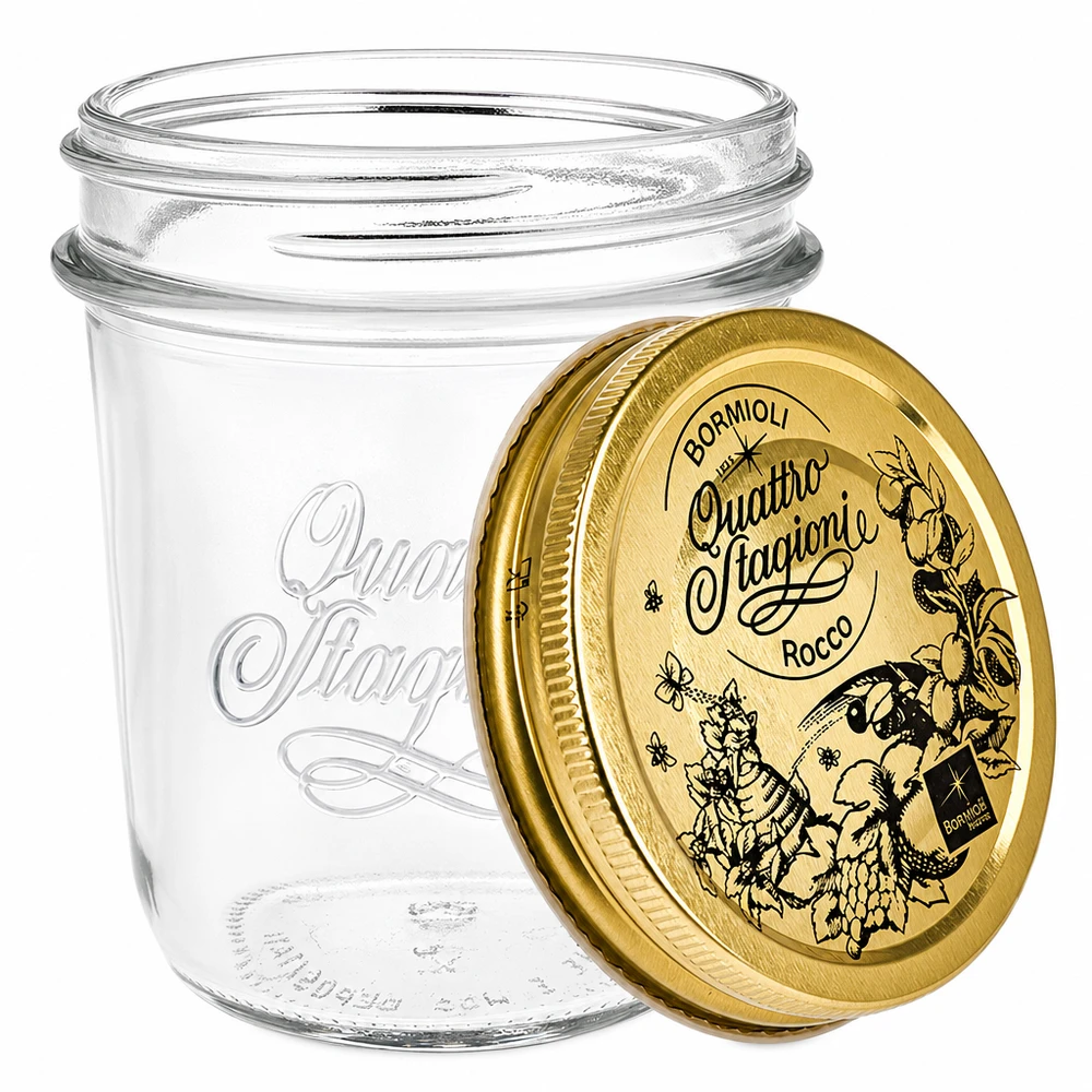 Tumbler o objemu 320 ml "Quattro Stagioni" s víčkem Bormioli Rocco Quattro Stagioni 320ml Einmachglas geöffnet mit abnehmbarem Golddeckel und Kräutermotiv