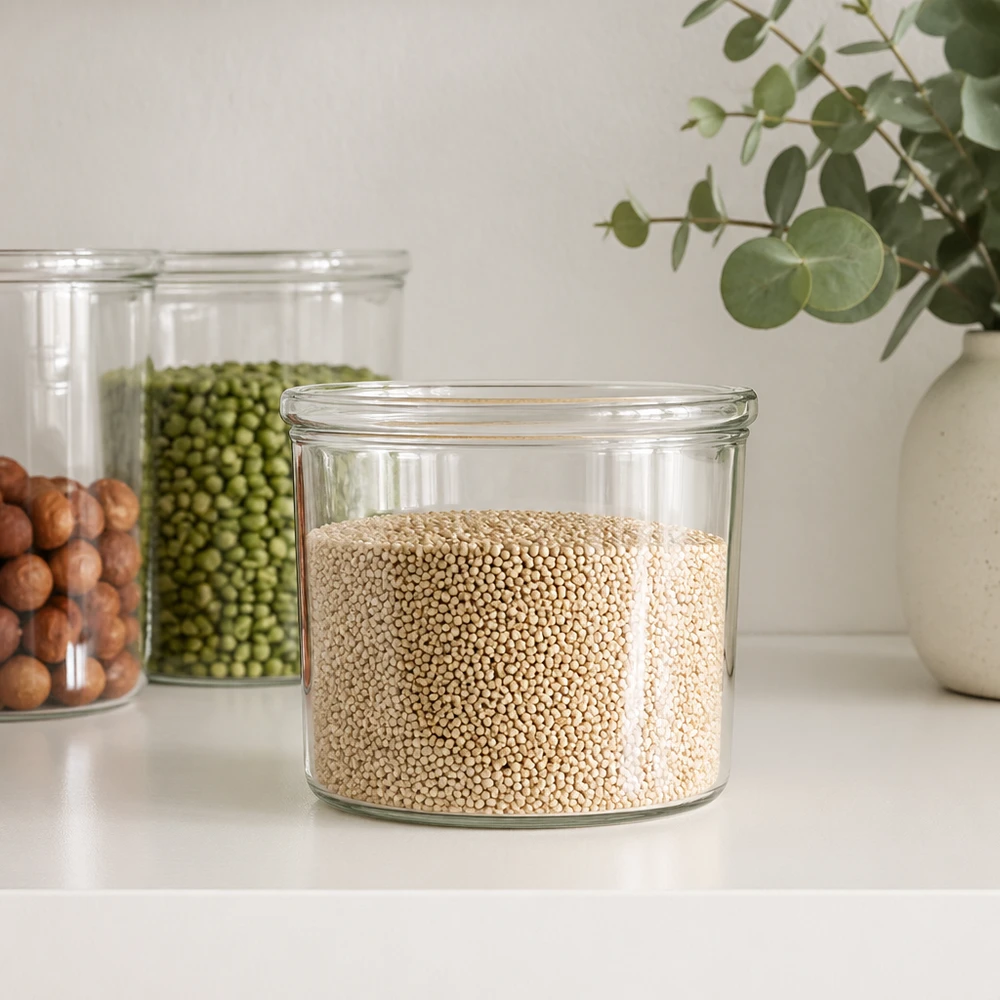 35ml kelímky WECK RR40 WECK Sturzglas 35ml RR40 mit Quinoa gefüllt neben anderen Vorratsgläsern mit Hülsenfrüchten in moderner Küche