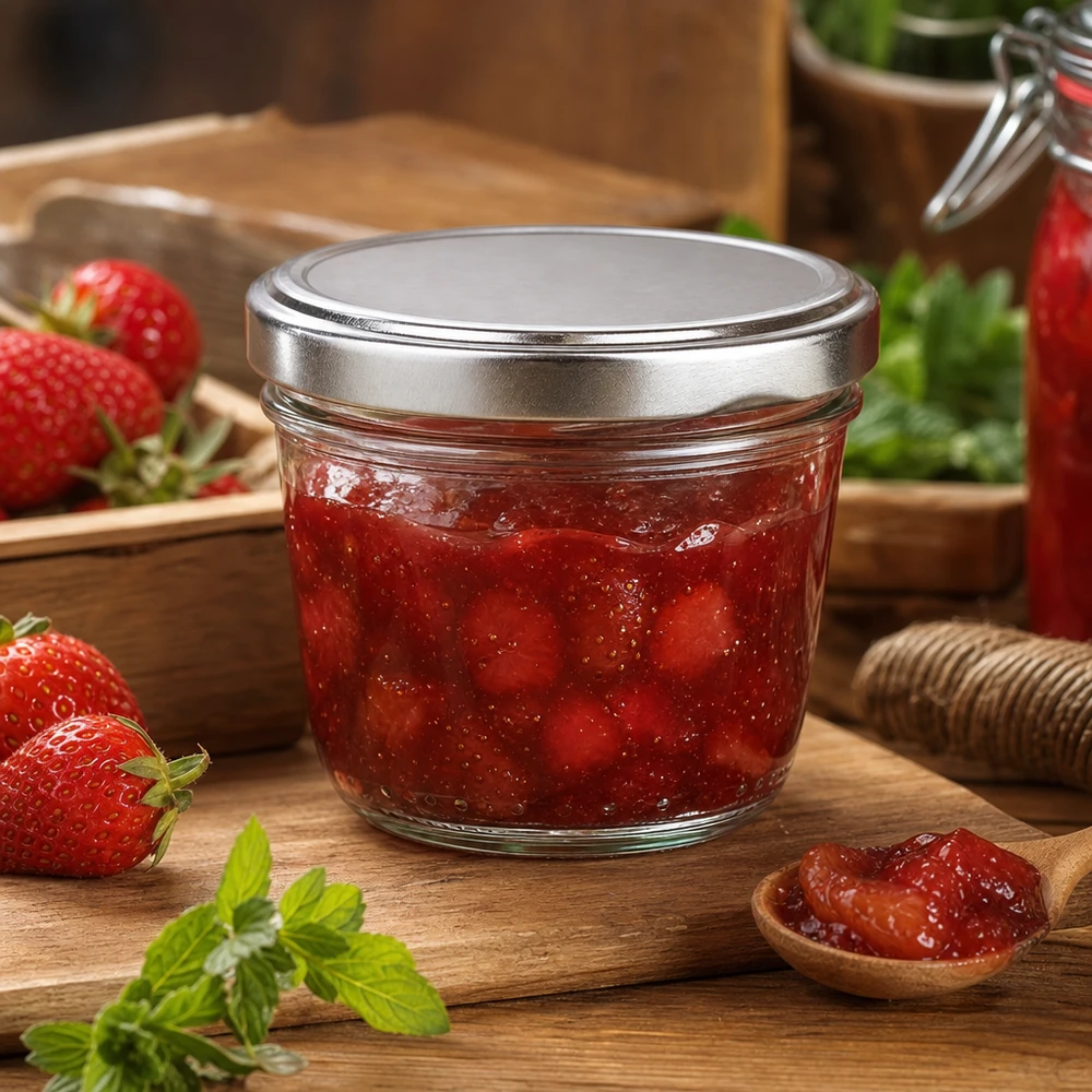 230ml Sturzglas mit silber BasicSeal Deckel gefüllt mit Erdbeermarmelade Konfitüre auf Holzbrett mit frischen Erdbeeren