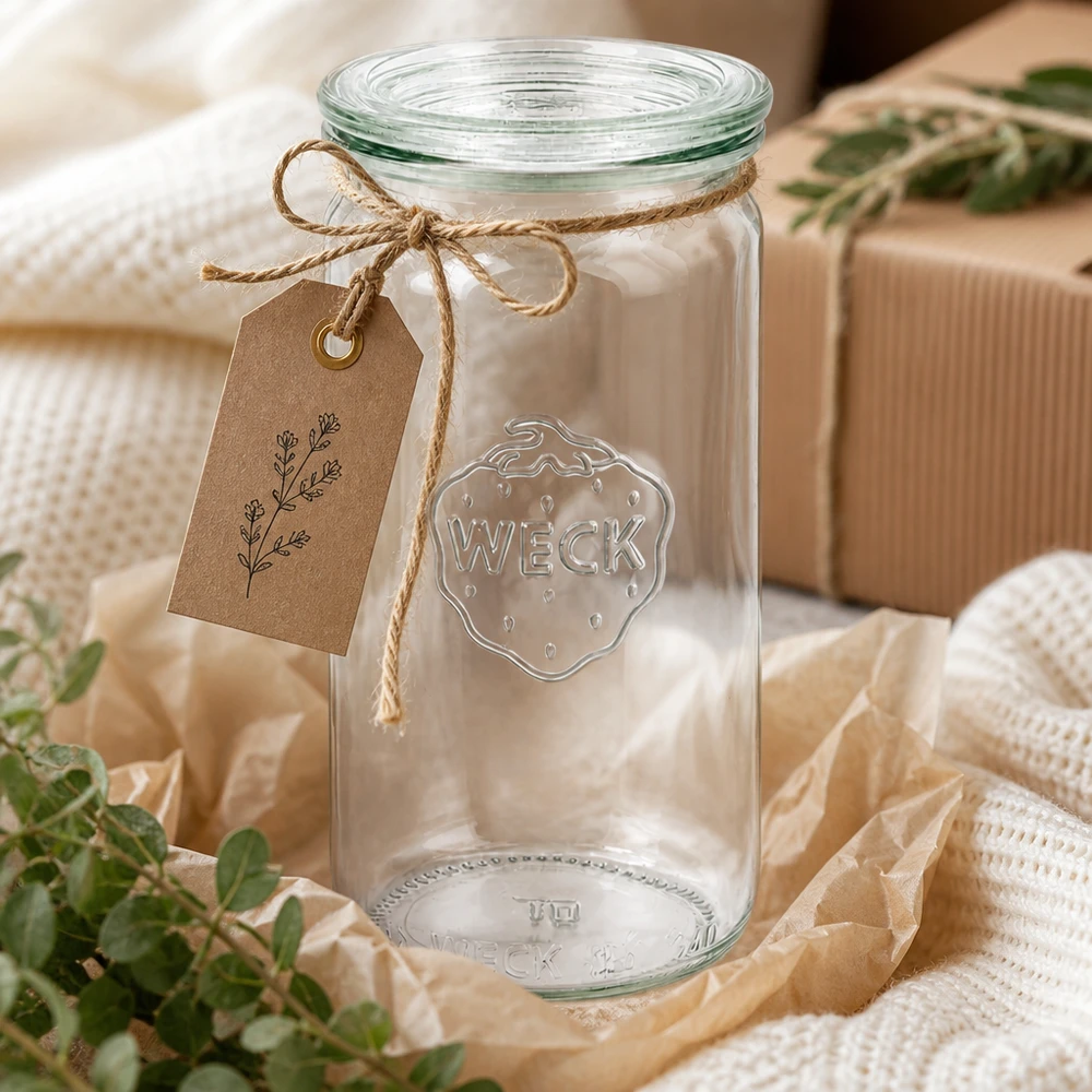 340ml cylindrická dóza se skleněným víčkem WECK RR60 WECK 340ml Zylinderglas RR60 dekorativ mit Juteschnur und Etikett als Geschenkverpackung auf beiger Textilie
