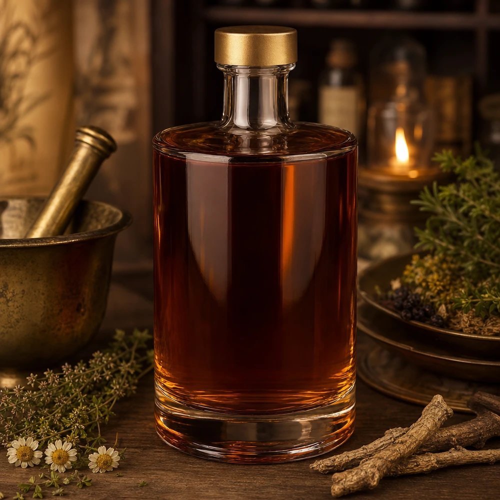 500ml Glasflasche Sam mit Whiskey gefüllt rustikale Dekoration Kräuter Ambiente UNiTWIST Verschluss gold hochwertig
